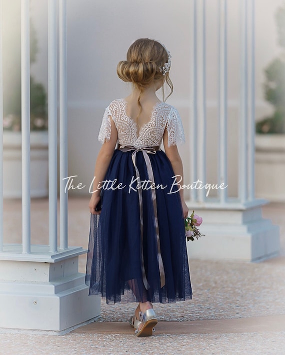 tulle flower girl dress, lace flower girl dress, flower girl dress, boho flower girl dress, rustic flower girl dress, Navy flower girl dress