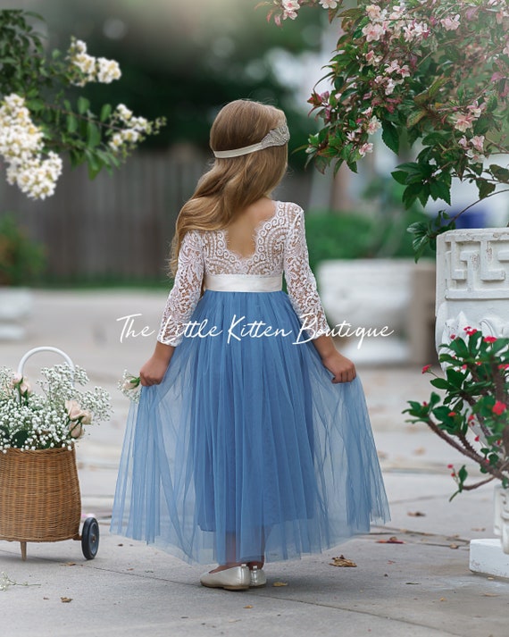 tulle flower girl dress, dusty blue flower girl dress, long sleeve flower girl dresses, boho flower girl dress, dusty blue wedding dress