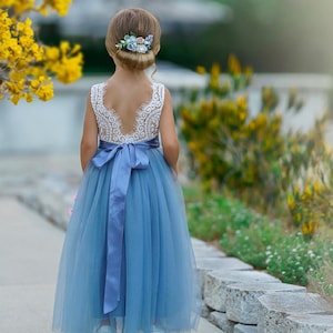 Ivory Flower Girl Dress, Junior Bridesmaid dress, lace flower girl dress, Rustic flower girl dress, Boho Flower Girl Dress, blue flower girl