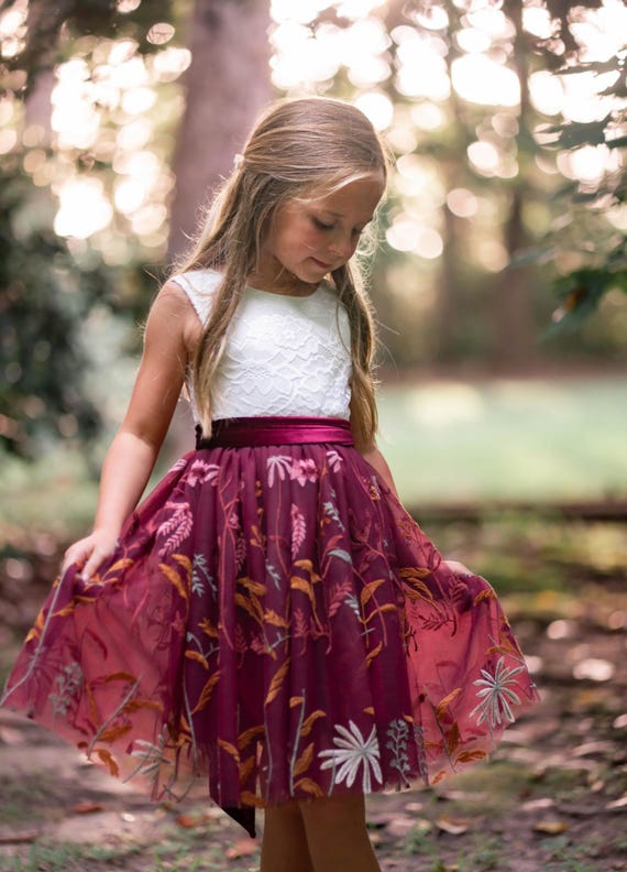 Burgundy Flower Girl Dress, Velvet Sash, Lace Bodice V Back, Embroidered Tulle Skirt, Fall Wedding Junior Bridesmaid Dress