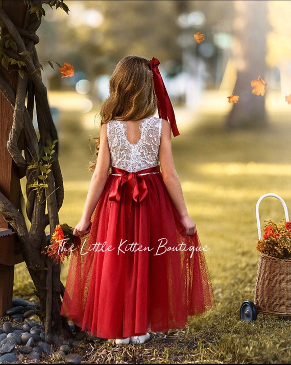 Burnt Orange Flower Girl Dress, Fall Flower Girl Dress, Rustic tulle and lace flower girl dress, Boho Flower Girl Dress, Fall wedding dress