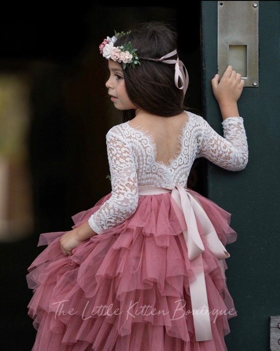 Blush pink tulle flower girl dress White lace flower girl | Etsy
