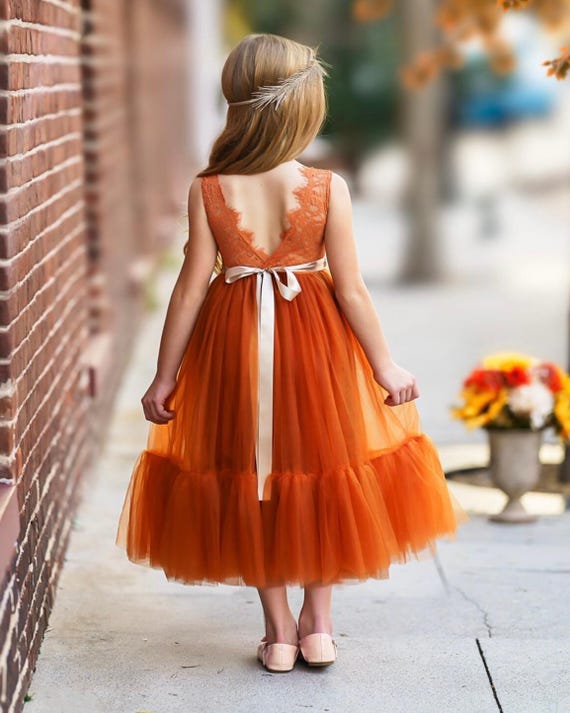 Burnt Orange Flower Girl Dress, Sleeveless Flower Girl Dress, lace flower girl dress, Rustic flower girl dress, Boho Flower Girl Dress