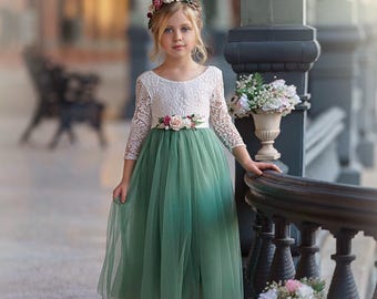 Sage Blumenmädchen Kleid, rustikale Blumenmädchenkleider aus Spitze, lange Ärmel Blumenmädchenkleider, Boho Blumenmädchenkleid, Elfenbein Blumenmädchenkleid