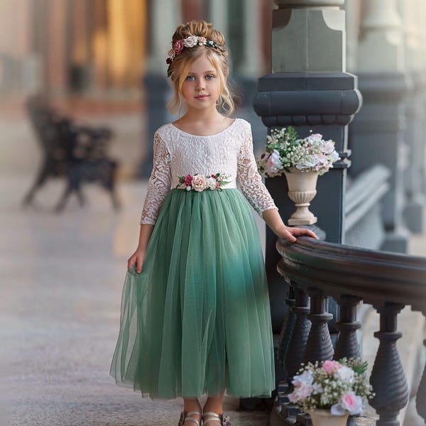 Sage Green Flower Girl Dress, Long Sleeve Lace, Boho Wedding, Rustic Tulle