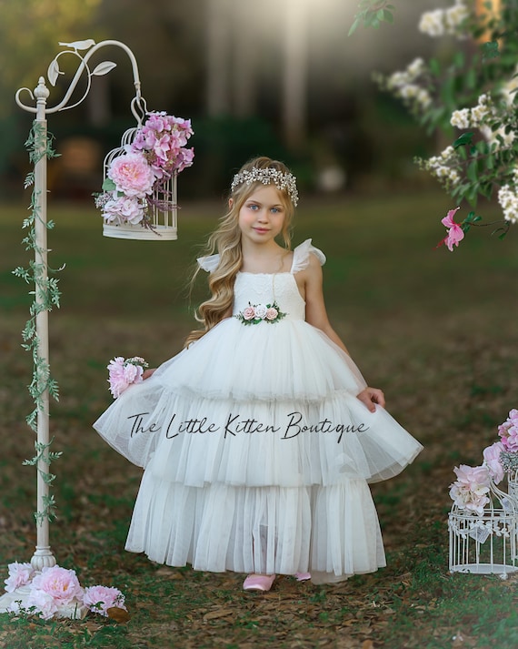 Robe de soirée enfant en dentelle Robe longue fleur orné d'une  ceinture-Emilie Mariage