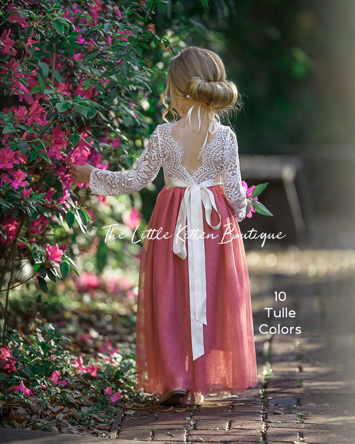 Long sleeve lace and tulle flower girl dress, white lace rustic