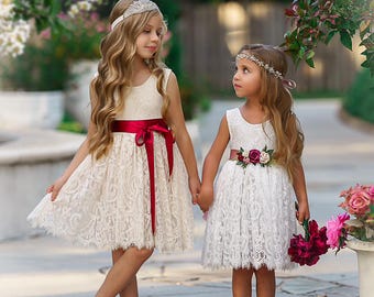 Ivory Lace Flower Girl Dress, Knee Length, Bohemian Wedding