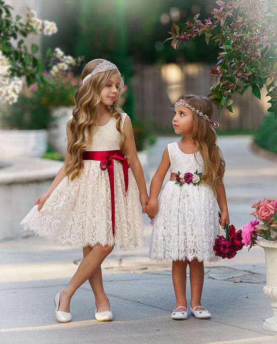 White Lace flower girl dress, Ivory lace flower girl dress, boho flower girl dress, wedding dress, knee length flower girl dress, Baptism