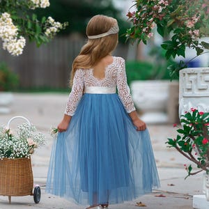 tulle flower girl dress, dusty blue flower girl dress, long sleeve flower girl dresses, boho flower girl dress, dusty blue wedding dress