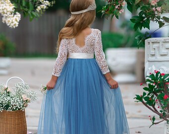 tulle flower girl dress, dusty blue flower girl dress, long sleeve flower girl dresses, boho flower girl dress, dusty blue wedding dress