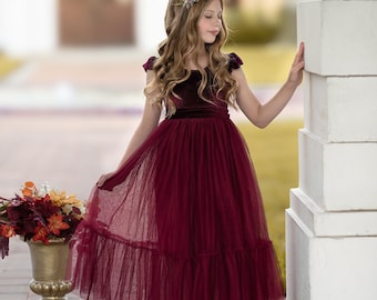 Burgundy Velvet Tulle Flower Girl Dress, Ruffle Sleeve Holiday Dress