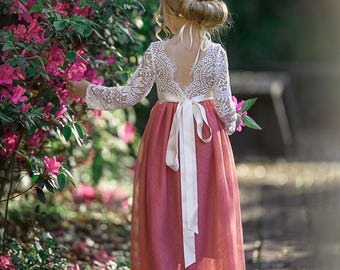 Flower girl dress, rustic flower girl dress, lace flower girl dress, boho flower girl dress, tulle flower girl dress, bohemian wedding dress