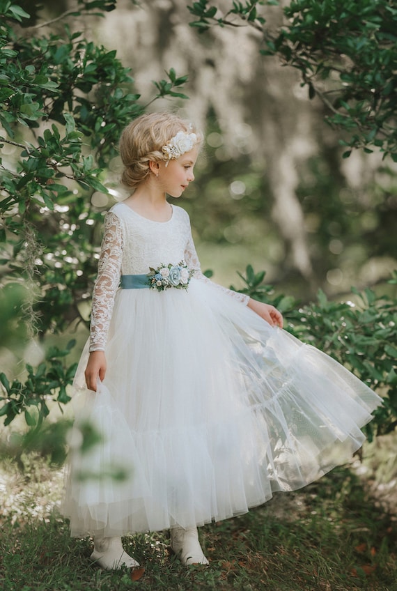 White Long Sleeve tulle and lace flower girl dress, Floral Flower Girl Dress, boho flower girl dress, flower girl dress, Princess Dress