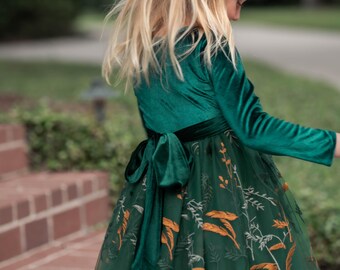 hunter green girls dress Hunter Green Long Sleeve Lace & Tulle Flower Girl Dress, Kids Dress for Boho Wedding, Girls Fancy Christmas Dress, Childrens Birthday Dress