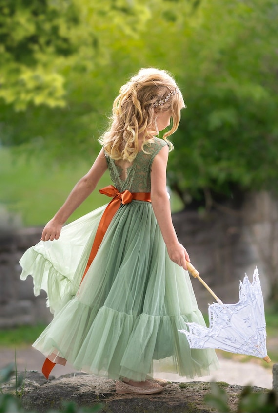 Sage Green & Dusty Blue Lace Flower Girl Dress – Boho Tulle Dress for Weddings, Birthdays, Photoshoots, Pageants and Custom Sash