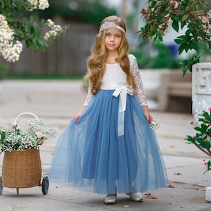 tulle flower girl dress, rustic lace flower girl dresses, long sleeve flower girl dresses, boho flower girl dress, dusty blue flower girl