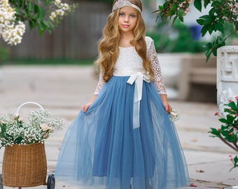 tulle flower girl dress, rustic lace flower girl dresses, long sleeve flower girl dresses, boho flower girl dress, dusty blue flower girl