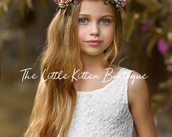 Lace Flower Girl Dress, Ivory Tulle, Rustic Wedding, Hair Wreath