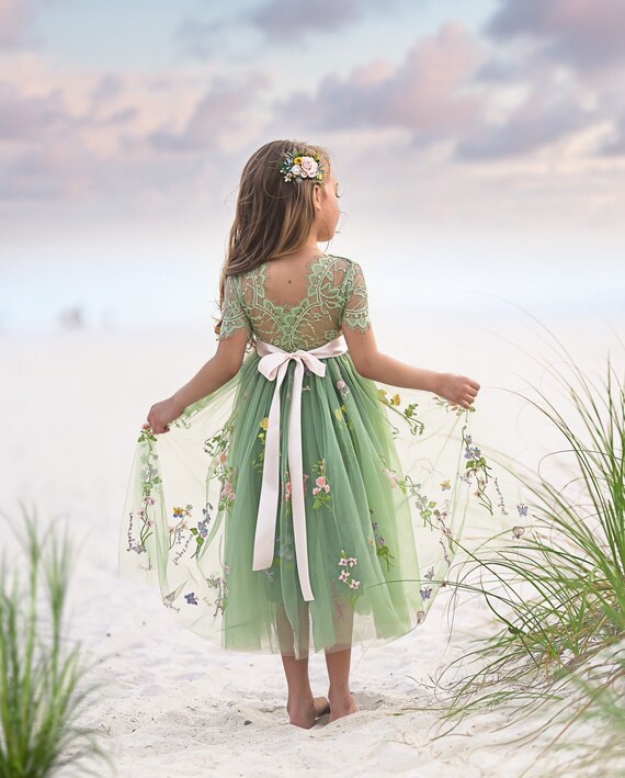 Sage Green Floral Embroidered Flower girl dress, Lace and Tulle flower girl dress, Boho wedding dress, Girls Summer Dress, Princess Dress