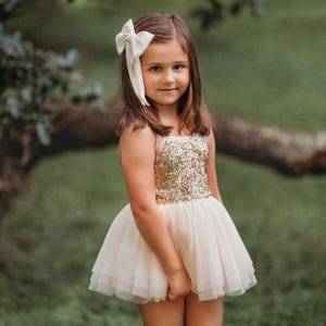 Könnte beinhalten: Ein junges Mädchen trägt ein cremefarbenes Tutu-Kleid mit einem goldfarbenen Pailletten-Oberteil und einer passenden cremefarbenen Schleife im Haar. Das Kleid hat einen mehrlagigen Tüllrock. Der Hintergrund ist eine verschwommene grüne Außenszene.