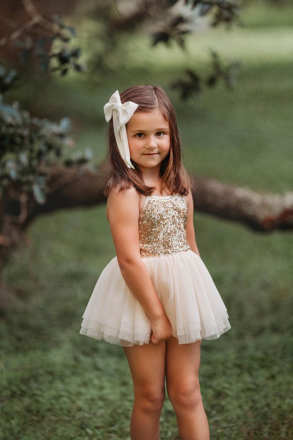 Ivory Gold Sequin Tutu Dress Bodysuit | Baby Girl Ballet Leotard | Birthday Outfit | Toddler Flower Girl Dress | Holiday Photo Shoot Outfit