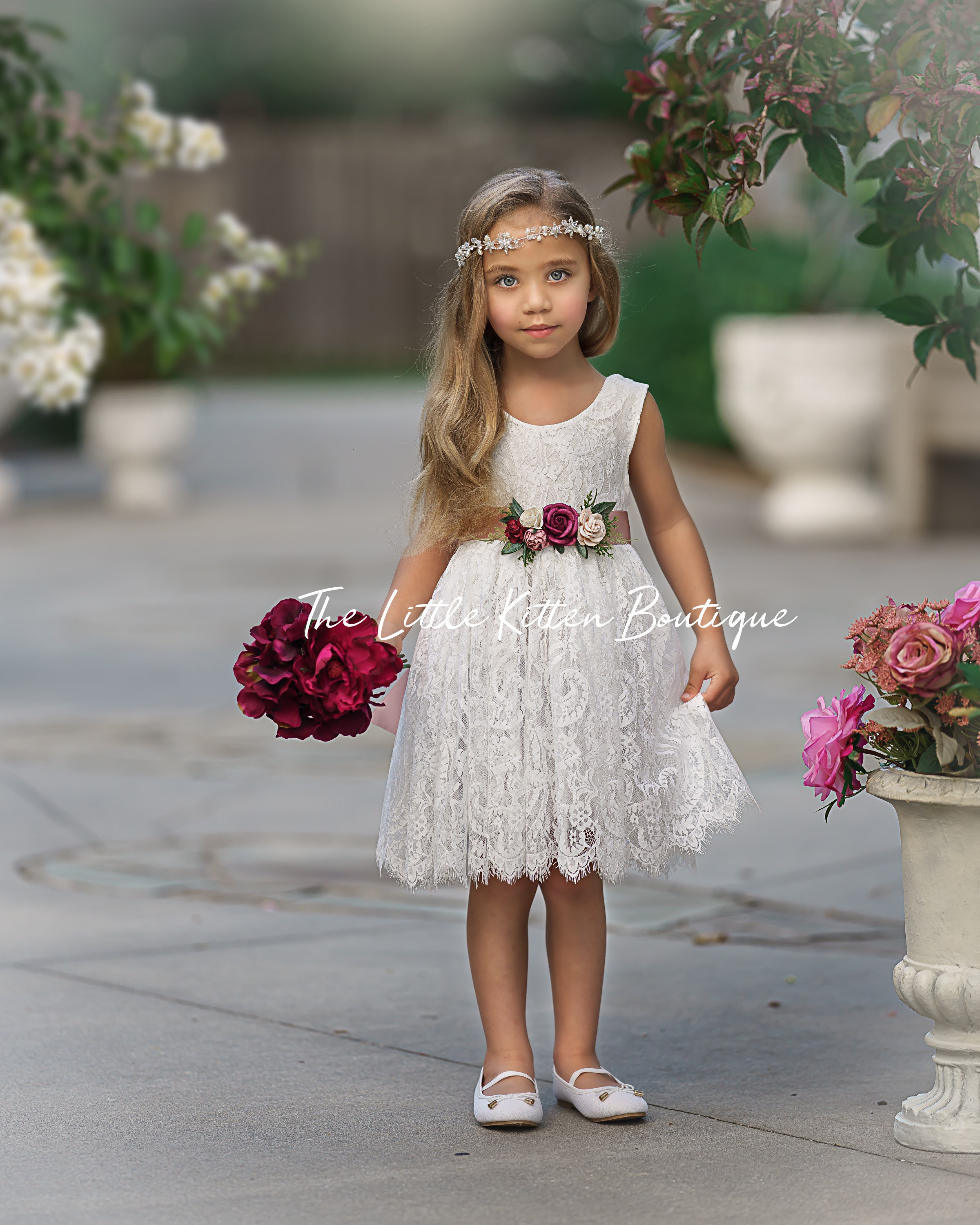 Sweet White Flower Girl Dresses with Green Sash