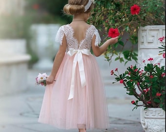 Vestido de tul para niña de las flores, vestidos de encaje rústico para niña de las flores, vestidos bohemios para niña de las flores, vestido bohemio para niña de las flores, vestido color marfil para niña de las flores