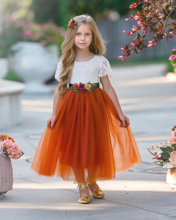 Burnt Orange Flower Girl Dress, Fall Flower Girl Dress for wedding, lace flower girl dress, Rustic flower girl dress, Boho Flower Girl Dress