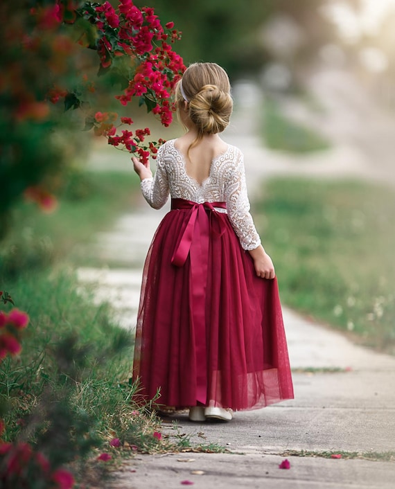Long sleeve flower girl dress, Flower Girl Dresses, Ivory Tulle Flower Girl Dress, lace flower girl dress, Burgundy Holiday dresses, wedding