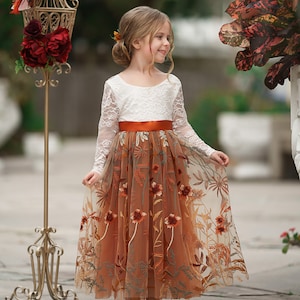 Burnt Orange tulle flower girl dress, Floral Flower Girl Dress, rustic lace flower girl dress, boho flower girl dress, flower girl dress image 5