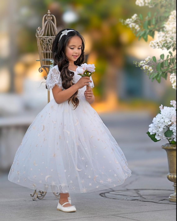 Short Sleeve White Lace and Off White Tulle Flower Girl Dress- Celestial Moon and Stars