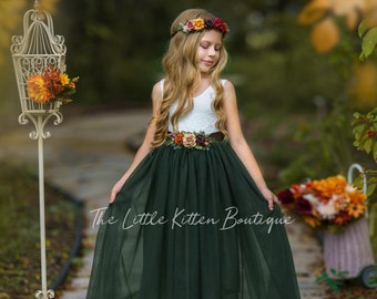 Olivgrünes Tüll-Blumenmädchenkleid, Herbst-Blumenmädchenkleid, rustikales Spitzen-Blumenmädchenkleid, Boho-Blumenmädchenkleid, Blumenmädchenkleid, Kleid