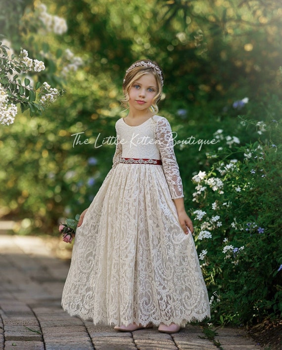 Long Sleeve flower girl dress, White lace flower girl dress, rustic flower girl dress, boho flower girl dress, Ivory Lace flower girl dress