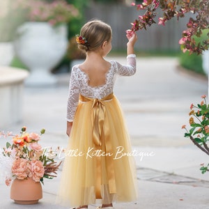 Long Sleeve burnt orange Lace and Tulle Boho Flower Girl Dress, Toddler Fall Wedding Dress, Floral Girls Dress image 2