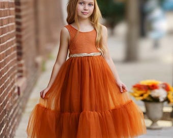 Burnt Orange Lace Flower Girl Dress, Sleeveless Tulle Boho Dress