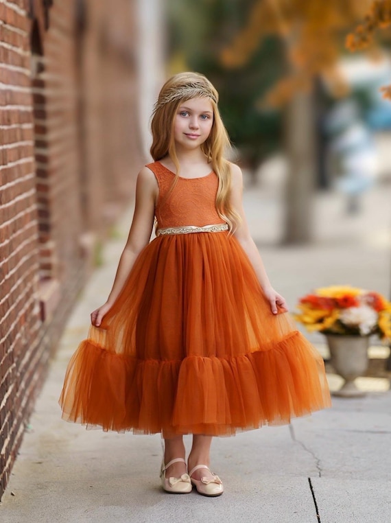 Burnt Orange Lace Flower Girl Dress, Sleeveless Tulle Boho Dress
