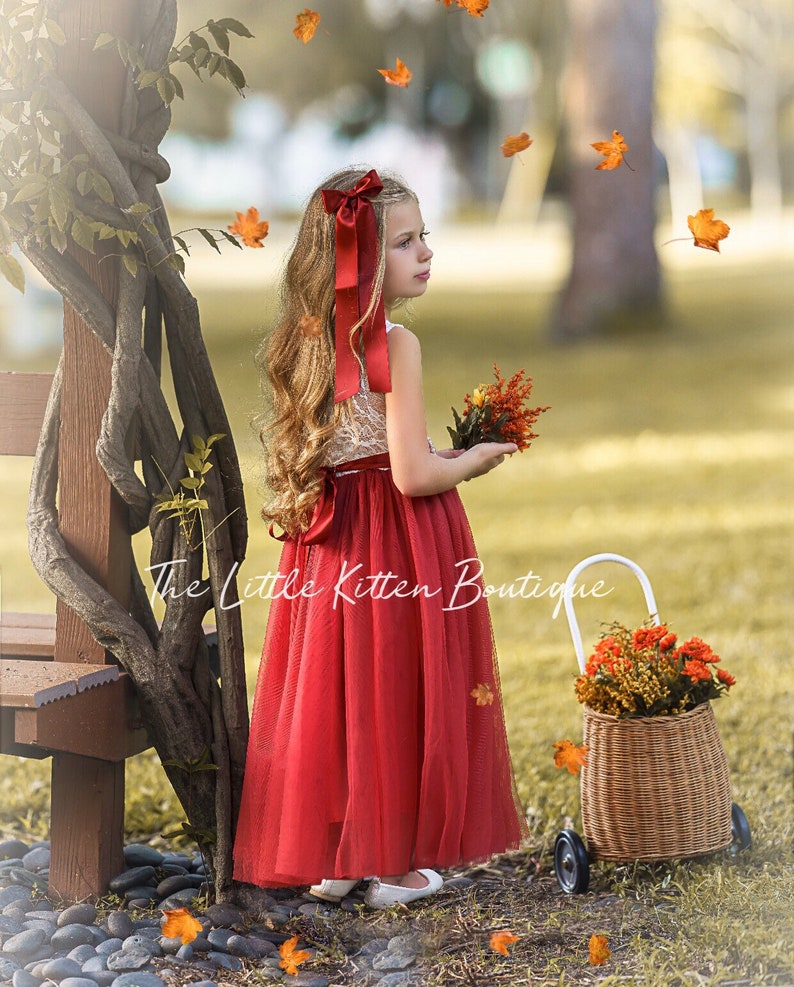 Burnt Orange Flower Girl Dress, Rust Flower Girl Dress, Rustic lace flower girl dress, Boho Flower Girl Dress, Toddler dress, Girls Dress imagem 4