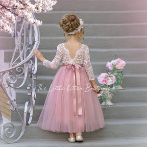 Long Sleeve, Lace and Tulle Mauve Flower Girl Dress for Boho Fall Weddings. Perfect Princess Dress for Toddlers and Girls. Elegant and stylish for special occasions. Great for girls holiday dress or family photo shoots as well.