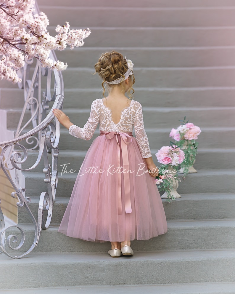 Long Sleeve, Lace and Tulle Mauve Flower Girl Dress for Boho Fall Weddings. Perfect Princess Dress for Toddlers and Girls. Elegant and stylish for special occasions. Great for girls holiday dress or family photo shoots as well.