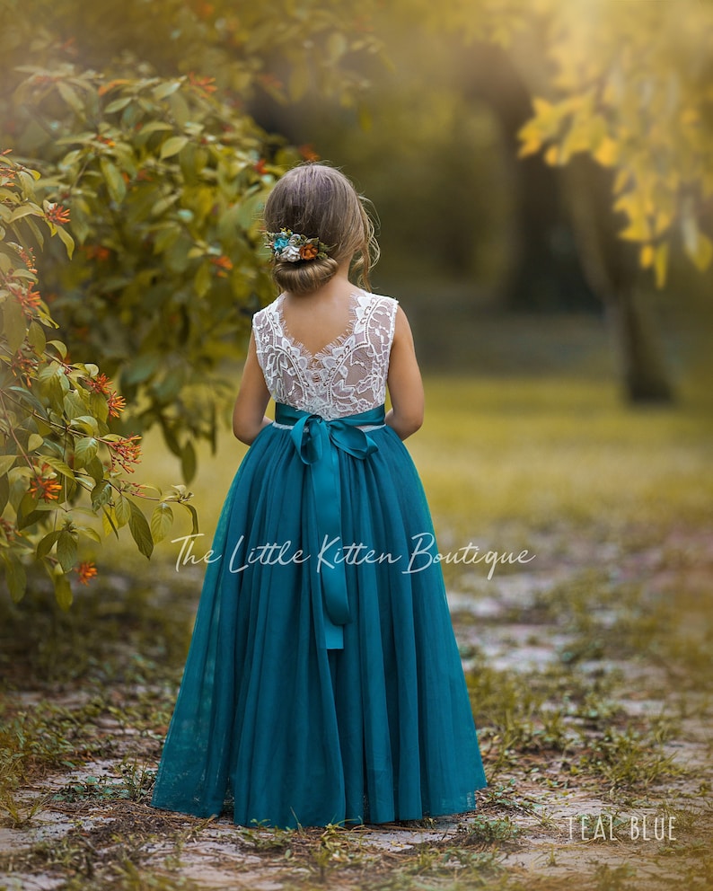 Teal Blue Green Sleeveless lace and tulle Flower Girl Dress. Ankle length and super soft. Perfect for a Spring, Summer or Fall Wedding. Soft White Lace with a stunning V shaped Backside, edged with eyelash lace trim.