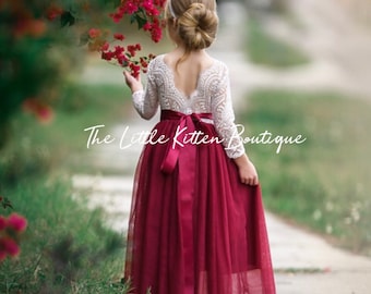 Flower Girl Dress, Tulle Flower Girls Dress, Lace Flower Girl Dresses, boho wedding dress, rustic flower girl dress, Burgundy flower girl