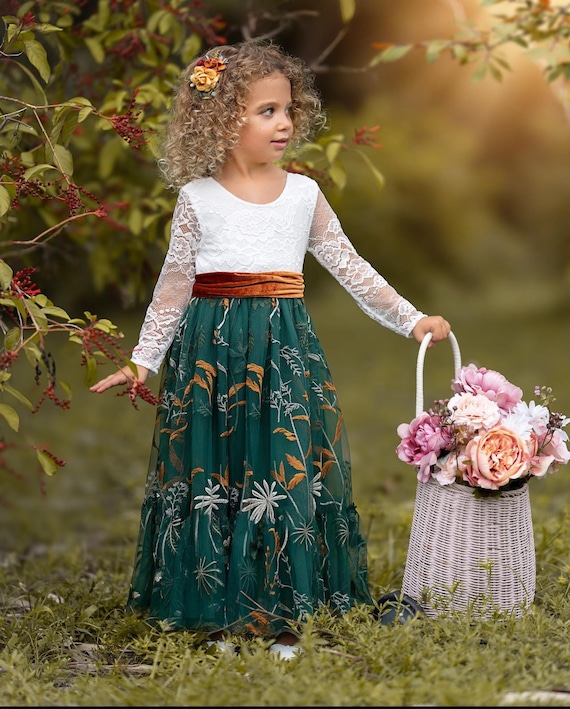 Hunter Green Floral Lace Flower Girl Dress Fall Wedding Tulle Girls Gown