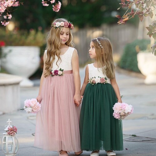Flower Girl Dress Tulle Lace - Sleeveless Toddler and Junior Bridesmaid | Pink Mauve Forest Green Wedding Party Dress