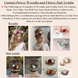 Puede incluir: Una colecci&oacute;n de coronas de flores y peines para el cabello. Las coronas est&aacute;n hechas con flores rosas, blancas y verdes. Los peines para el cabello est&aacute;n hechos con flores rosas, blancas, rojas y naranjas. El texto "The Little Kitten Boutique" es visible en la imagen.