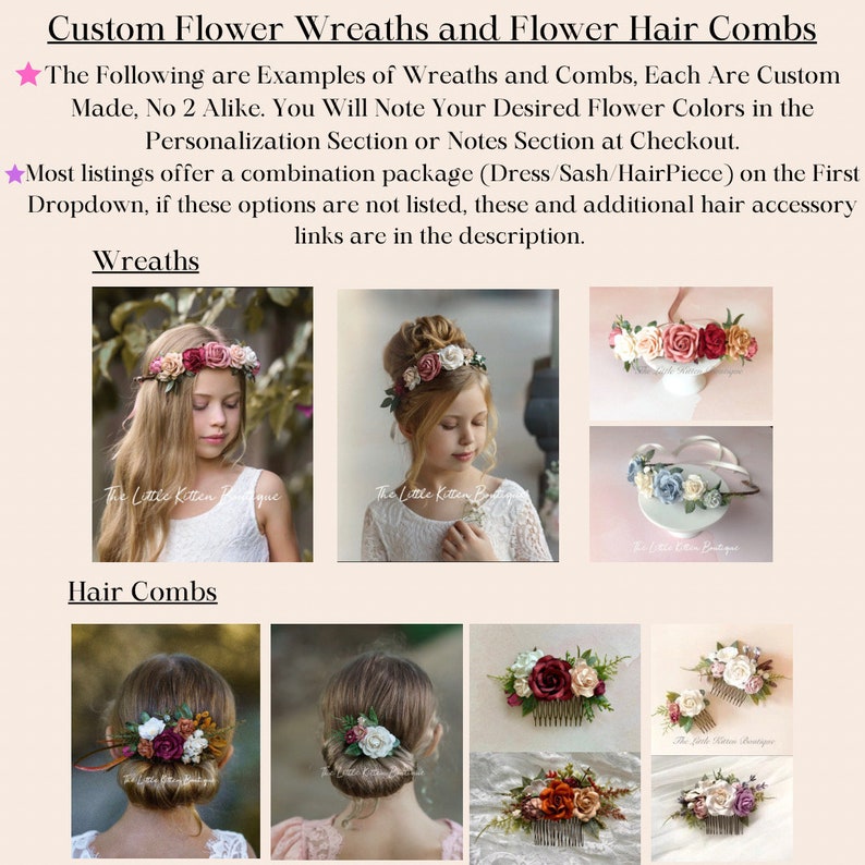Puede incluir: Una colecci&oacute;n de coronas de flores y peines para el cabello. Las coronas est&aacute;n hechas con flores rosas, blancas y verdes. Los peines para el cabello est&aacute;n hechos con flores rosas, blancas, rojas y naranjas. El texto "The Little Kitten Boutique" es visible en la imagen.