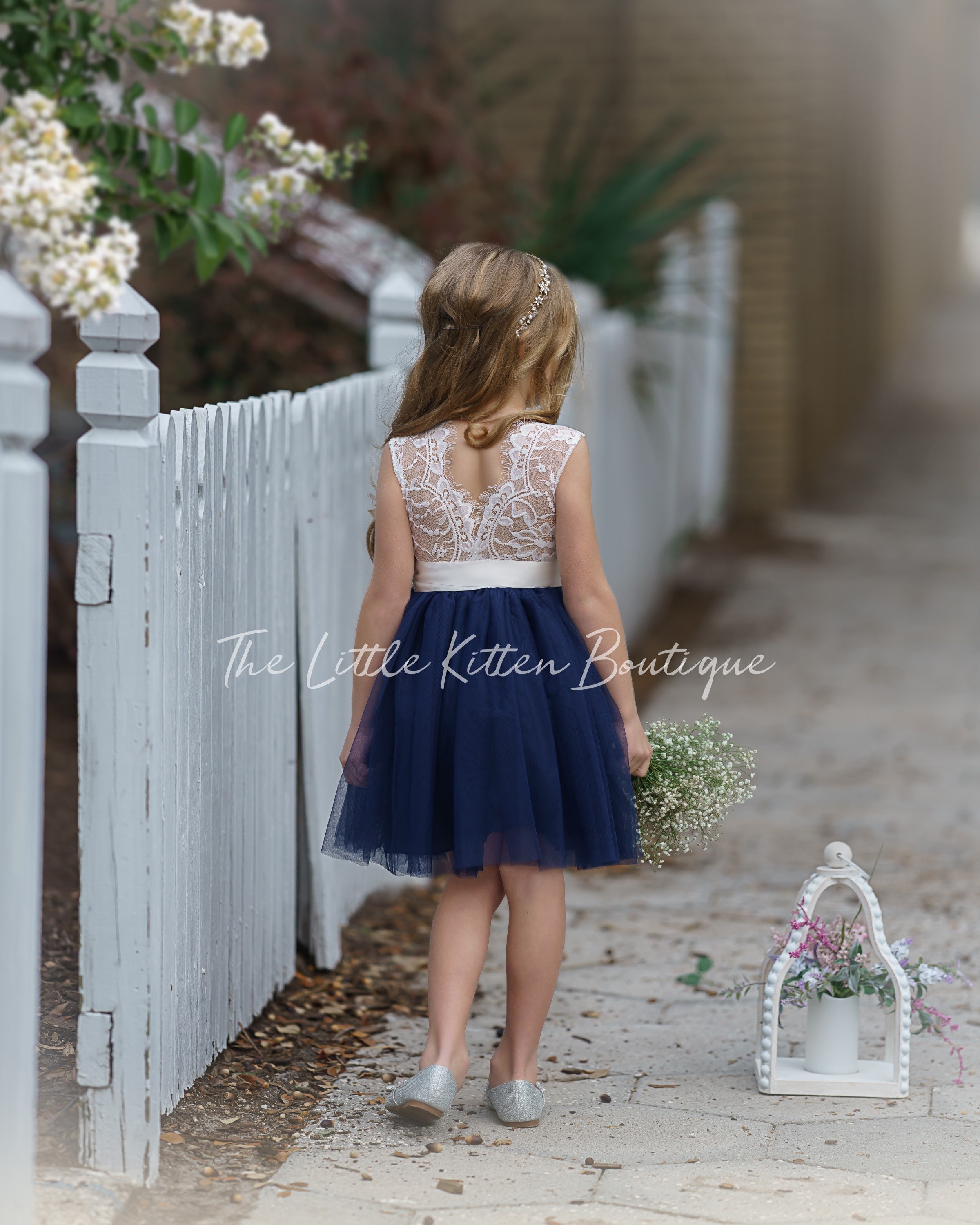 Navy Blue Lace Flower Girl Dress - Polito Weddings