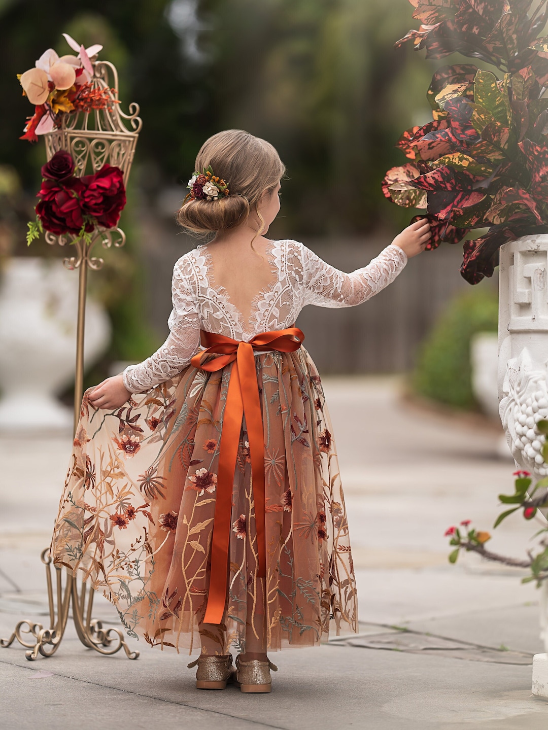 Burnt Orange Tulle Flower Girl Dress, Floral Flower Girl