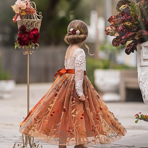 Burnt Orange tulle flower girl dress, Floral Flower Girl Dress, rustic lace flower girl dress, boho flower girl dress, flower girl dress image 4