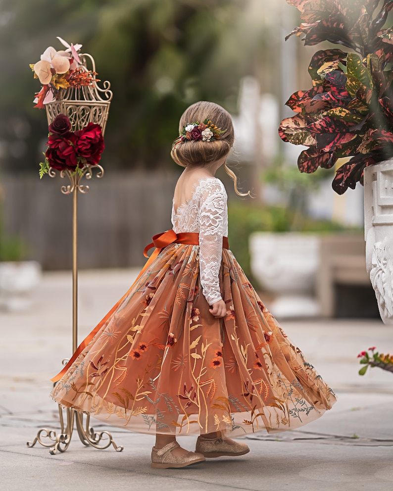 Burnt Orange tulle flower girl dress, Floral Flower Girl Dress, rustic lace flower girl dress, boho flower girl dress, flower girl dress image 4